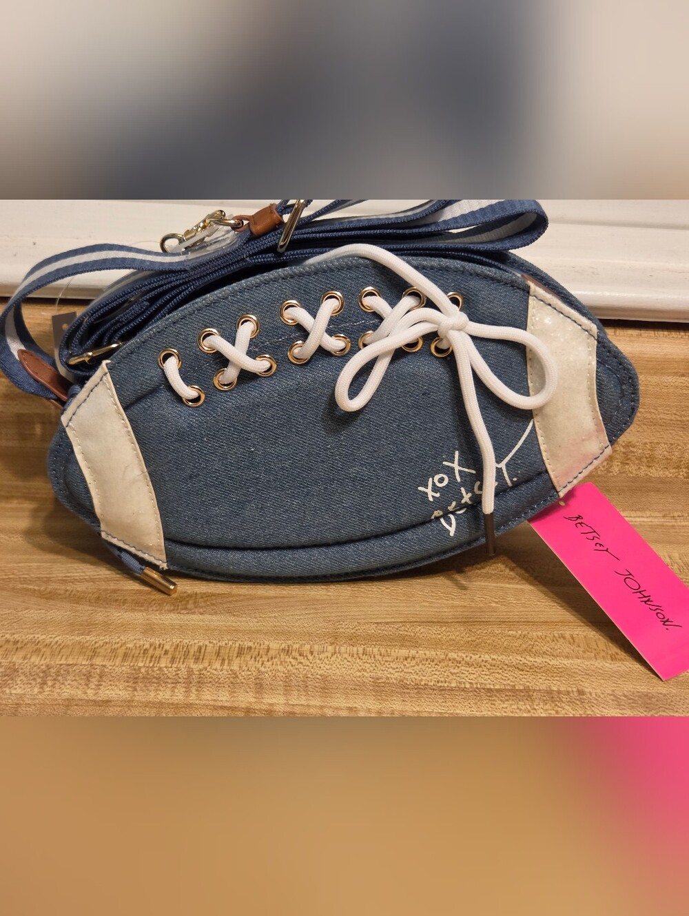 Betsey Johnson NWT Denim Football Crossbody W/Guitar Strap & Bag Charm - Picture 2 of 6